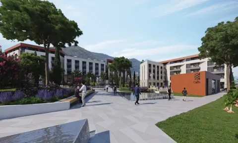 Pogled na uređen kompleks zgrada sa šetalištem i zelenilom. - image 13