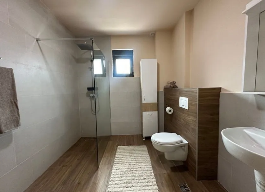 Modern bathroom with a walk-in shower, toilet and washbasin.