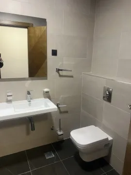 A modern bathroom with light-colored wall tiles, a sink, and a toilet. - image 4