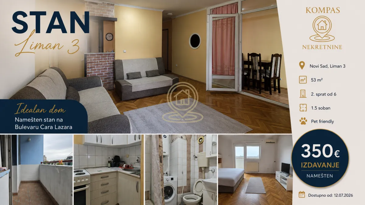 Rent, one bedroom apartment, 53m², Liman 3, Novi Sad Sve Podlokacije