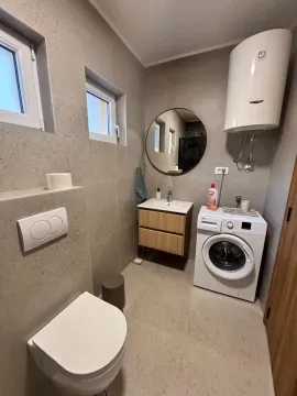 Modern equipped bathroom with a washing machine and water heater. - image 6