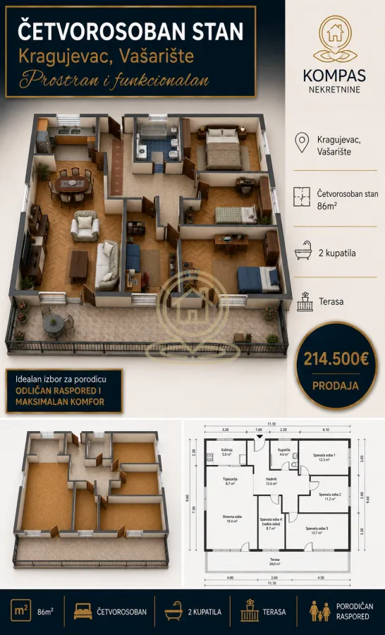 Prodaja, četvorosoban stan, 86m², Vašarište, Kragujevac