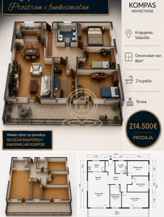 Sale, four bedroom apartment, 86m², Vašarište, Kragujevac