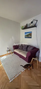 Dnevna soba sa ljubičastom foteljom, stočićem i tepihom. - image 9