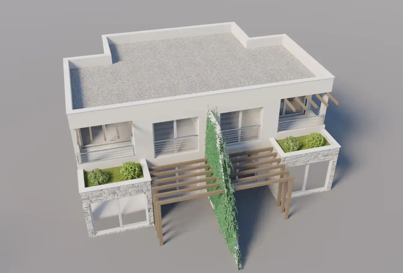 3D render eksterijera moderne kuće sa terasama i zelenim površinama.