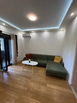 Dnevna soba sa zelenom ugaonom garniturom, stočićem i izlazom na terasu. - image 2