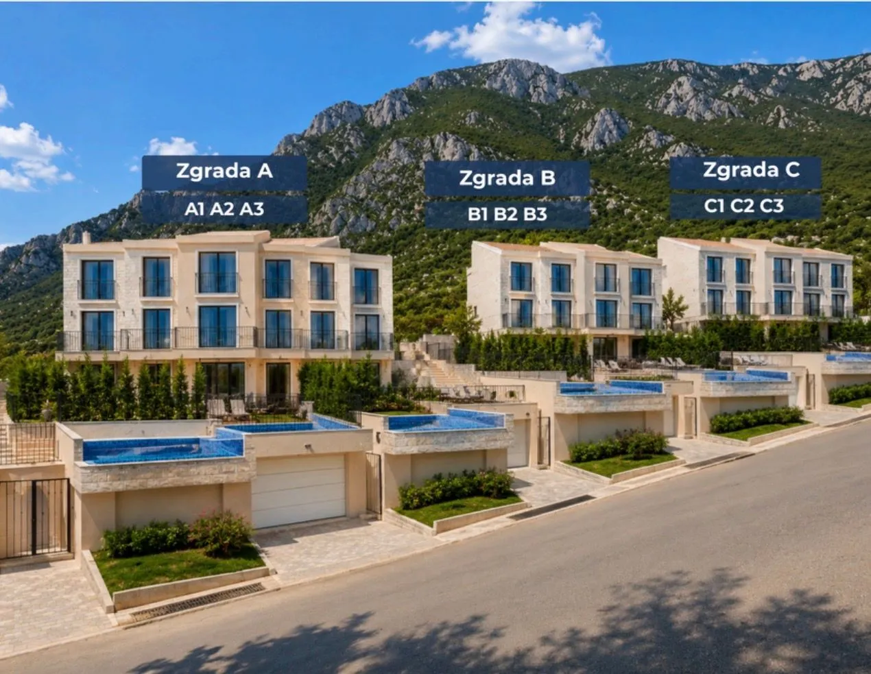 Pogled na spoljašnjost stambenog kompleksa sa zgradama i bazenima ispred.
