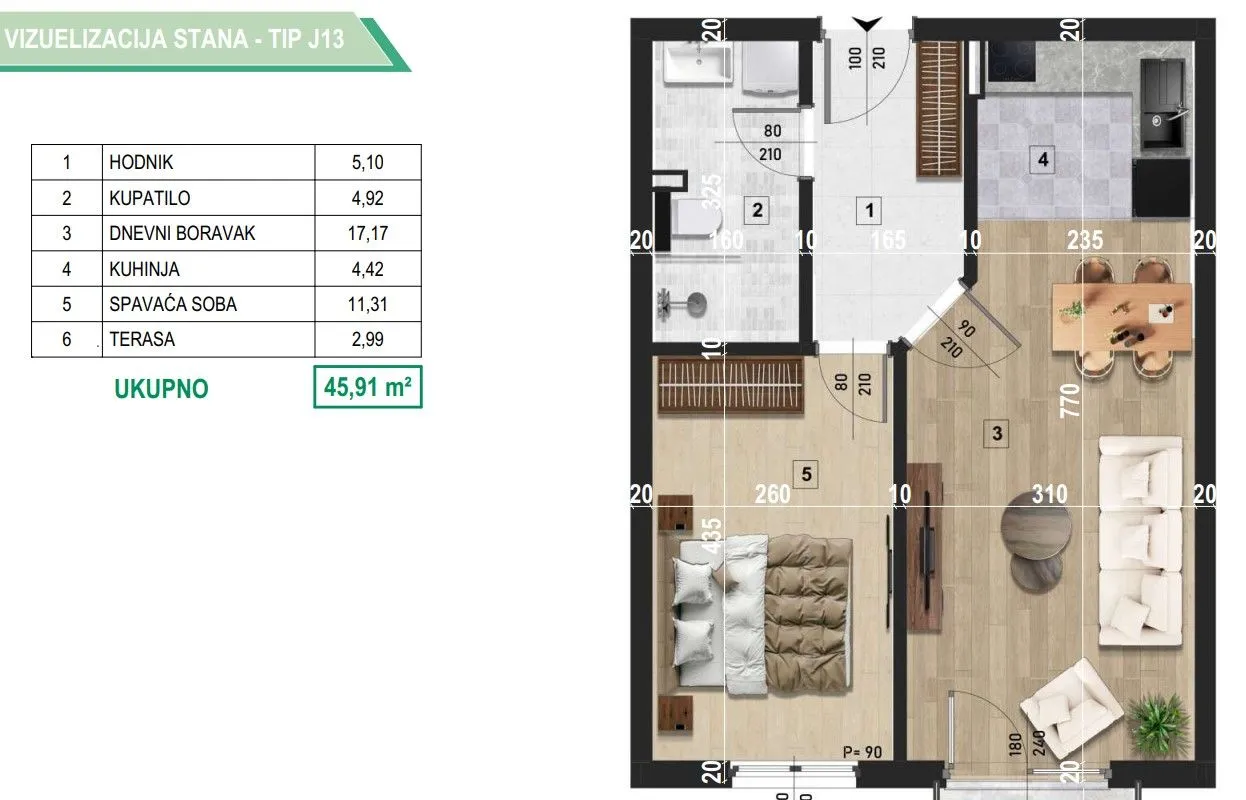 Sale, one bedroom apartment, 46m², City Kvart, Podgorica