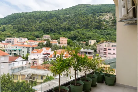 Pogled sa balkona na okolne zgrade, zelenilo i brdo. - image 4