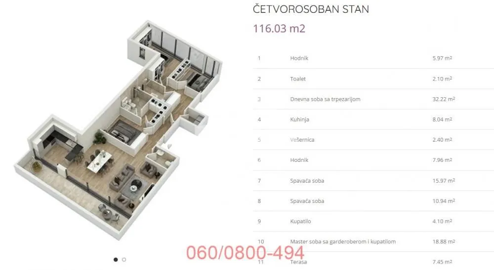 Sale, four bedroom apartment, 116m², Lekino Brdo, Voždovac Sve Podlokacije