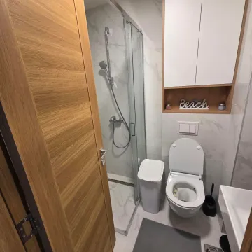 Small bathroom with a shower cabin, toilet, and white hanging cabinets. - image 11