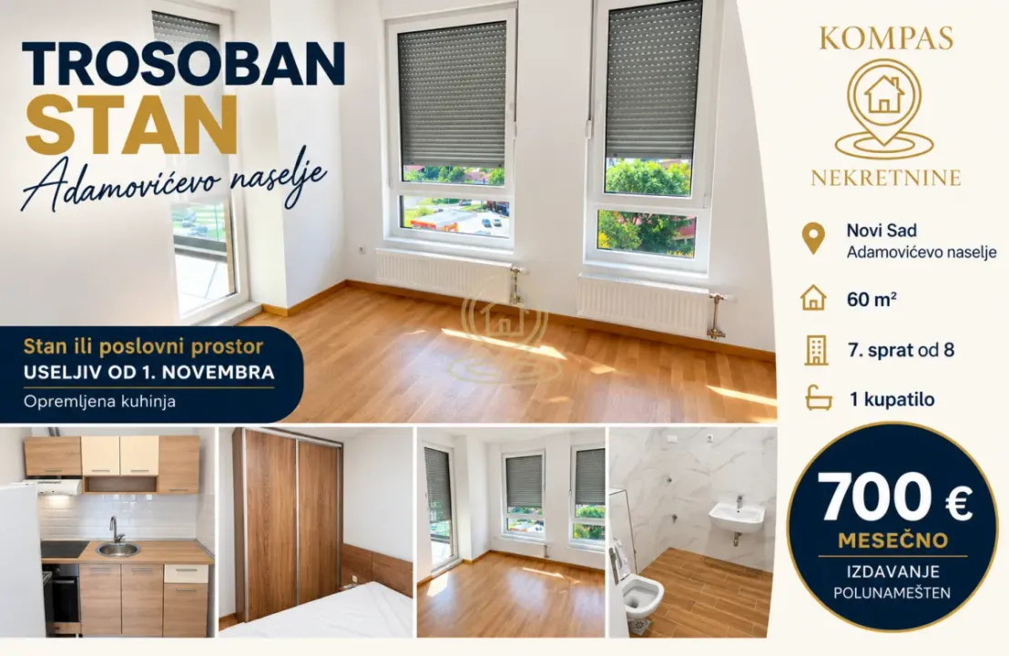 Rent, three bedroom apartment, 60m², Adamovićevo Naselje, Novi Sad Sve Podlokacije