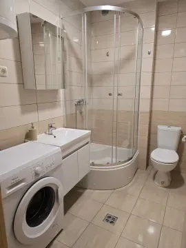 Fully equipped bathroom with a shower cabin, washbasin, toilet, and washing machine. - image 7