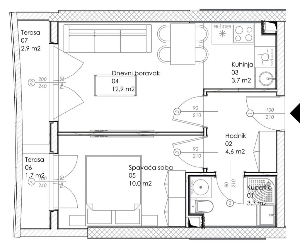 Prodaja, jednosoban stan, 39m², Centar, Bar - Plan prostora