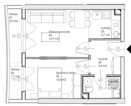 Prodaja, jednosoban stan, 39m², Centar, Bar - Plan prostora - image 3