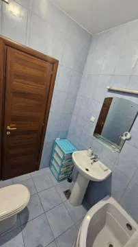 Manje kupatilo obloženo pločicama plave boje sa umivaonikom, WC šoljom i ogledalom. - image 17