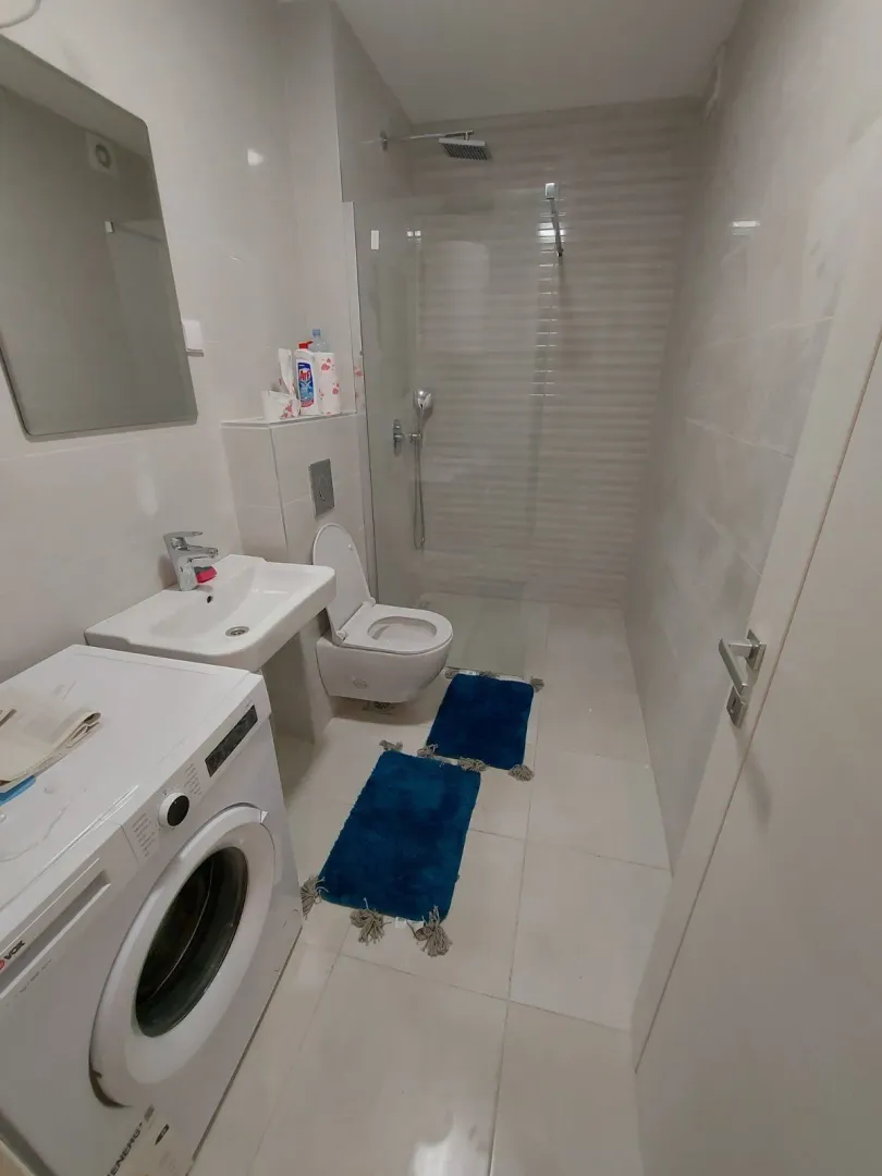 Modern bathroom with a shower cabin, toilet, and washing machine.