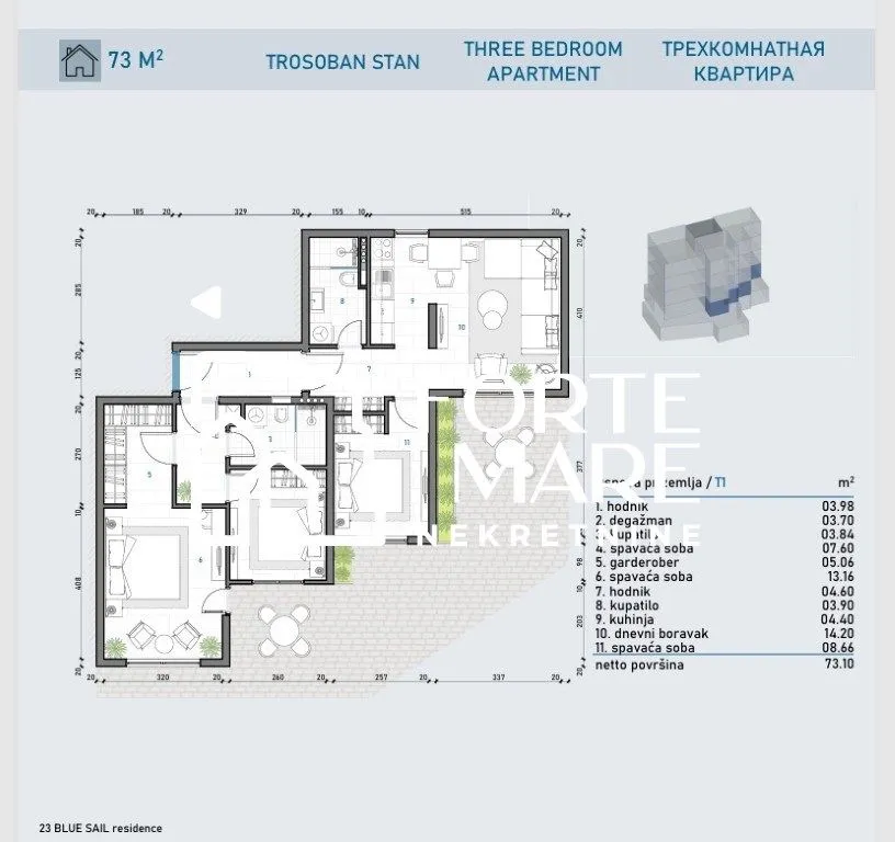 Prodaja, trosoban stan, 73m², Meljine, Herceg Novi