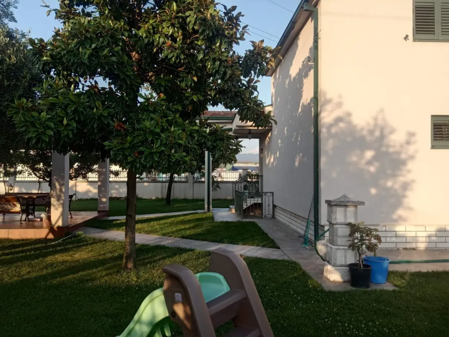 A house yard with a landscaped lawn, trees, and a paved walkway.