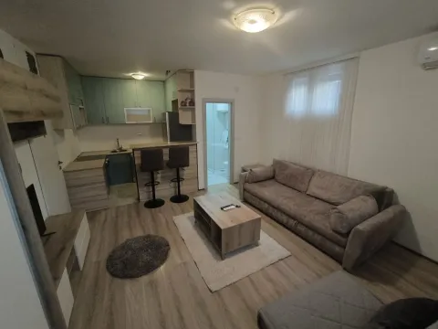 Bright living room with an open kitchen and bar counter. - image 5