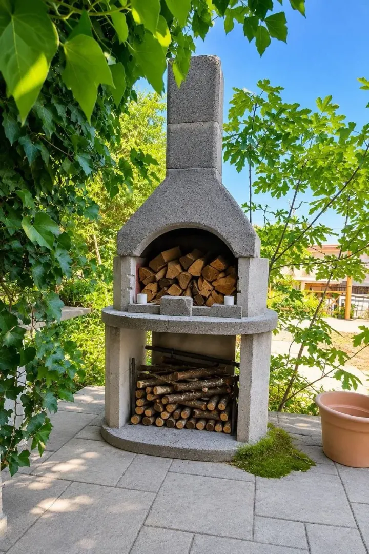 Betonski spoljni roštilj sa uredno složenim drvetom u dvorištu.