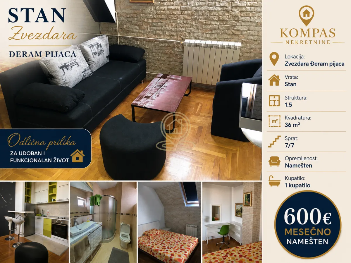 Izdavanje, jednosoban stan, 36m², Đeram Pijaca, Beograd