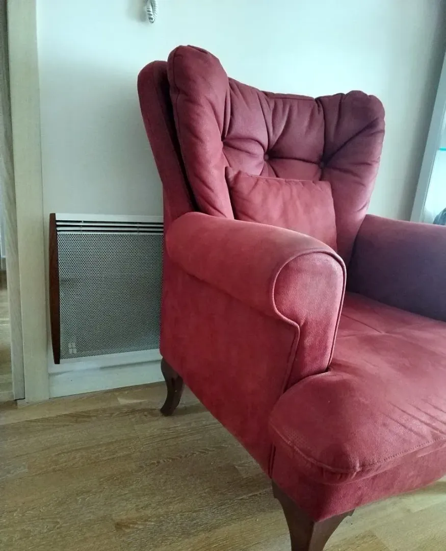 A comfortable red armchair in the living room interior.