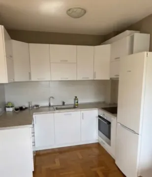 Kuhinja sa bijelim elementima, ugradnom rernom i frižiderom. - image 5