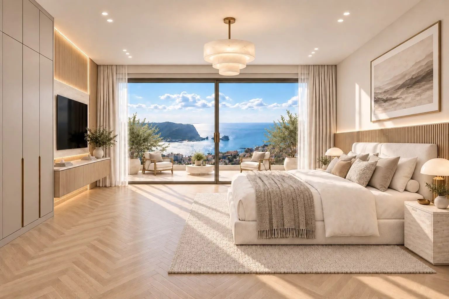 Spacious modern bedroom with a large double bed and a sea view.