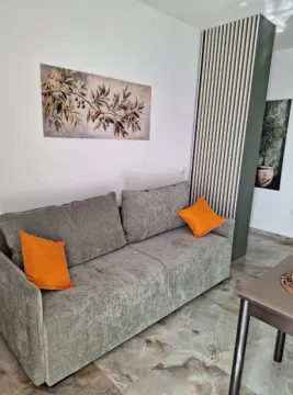 Living room with a grey sofa and decorative paintings. - image 4