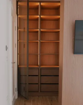 Modern built-in wardrobe with shelves and drawers. - image 8