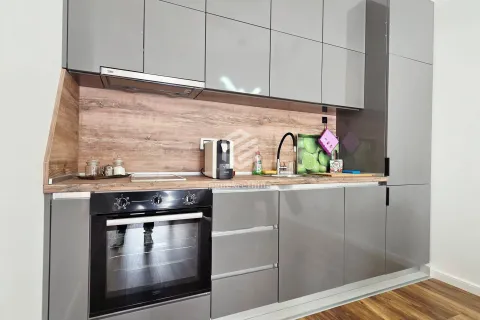 Modern kitchen with grey cabinets and a built-in oven. - image 8