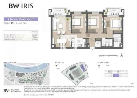 Floor plan of a three-bedroom apartment with room layout and areas. - image 17