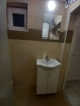 Small bathroom with a sink, cabinet, and mirror. - image 5