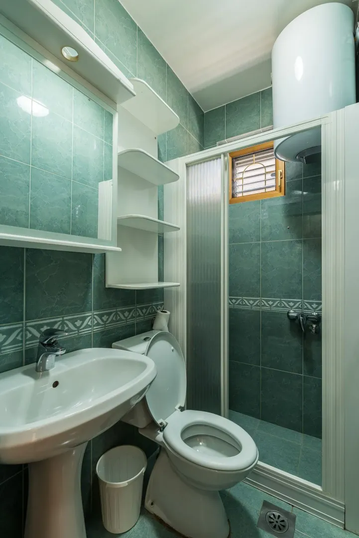 Simple bathroom with green tiles and a shower.