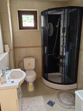 Bathroom equipped with a sink, toilet, and black shower cabin. - image 10