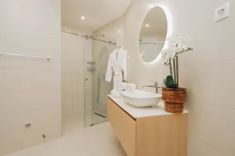 Modernly equipped bathroom with a walk-in shower, washbasin, and mirror. - image 16