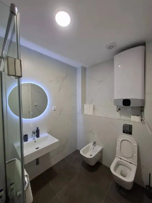 Modernly equipped bathroom with a walk-in shower, washbasin, and toilet.