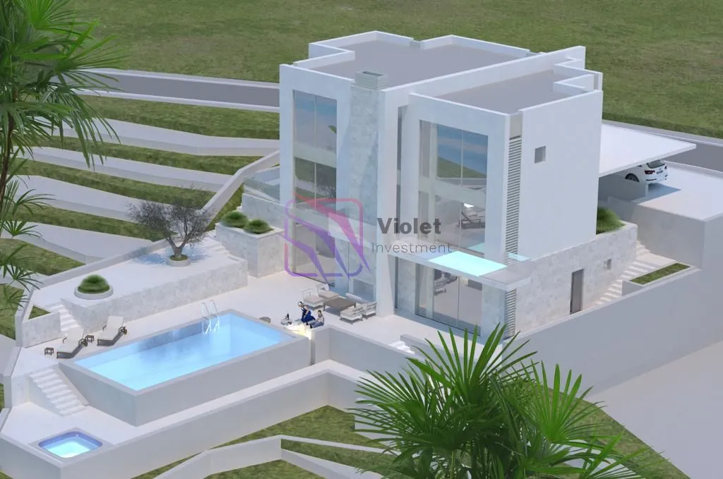 Prikaz 3D modela moderne kuće sa bazenom i uređenim dvorištem.