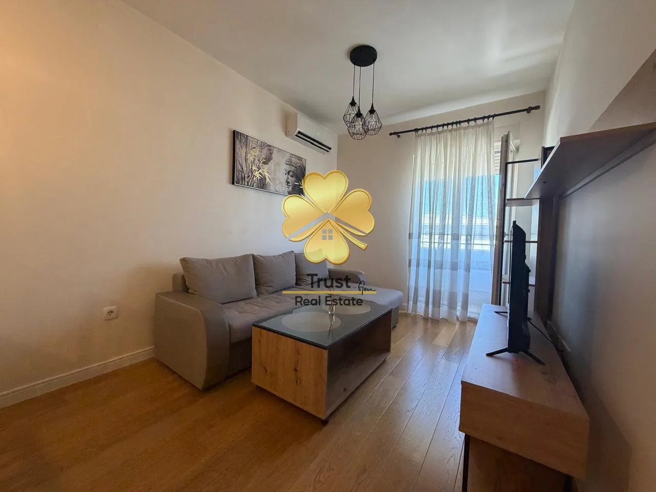 Living room with a sofa, coffee table, and TV unit.