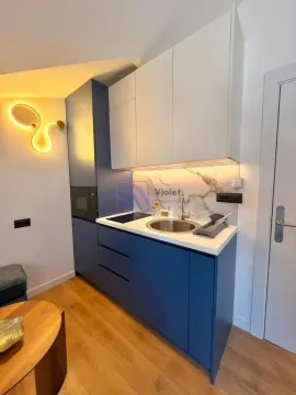 Small modern kitchen with blue and white cabinets. - image 15
