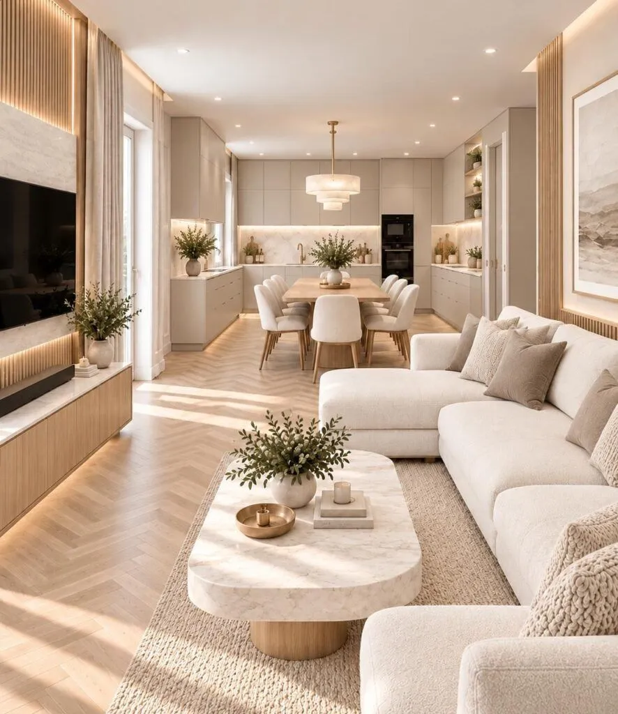 Spacious and bright living room connected to the dining area and kitchen in a modern interior.