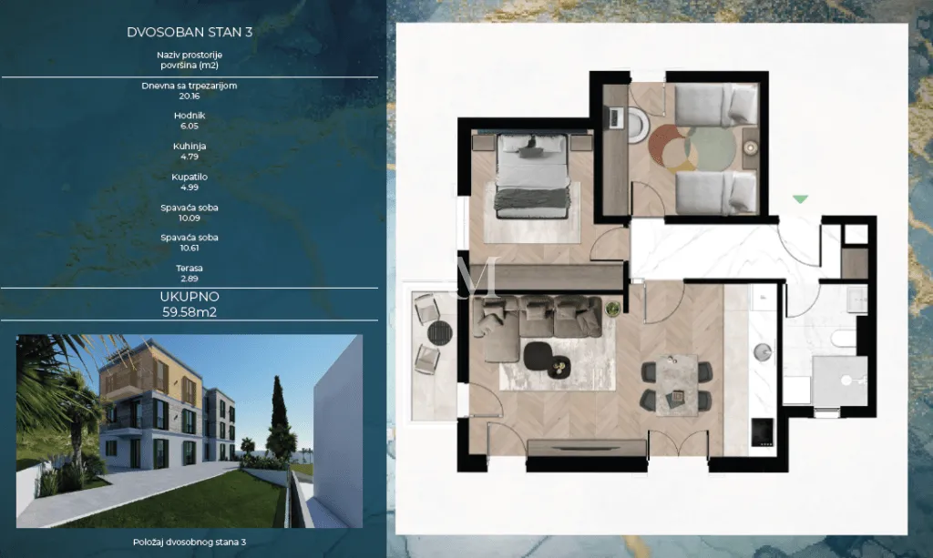 Prodaja, dvosoban stan, 58m², Kava, Tivat