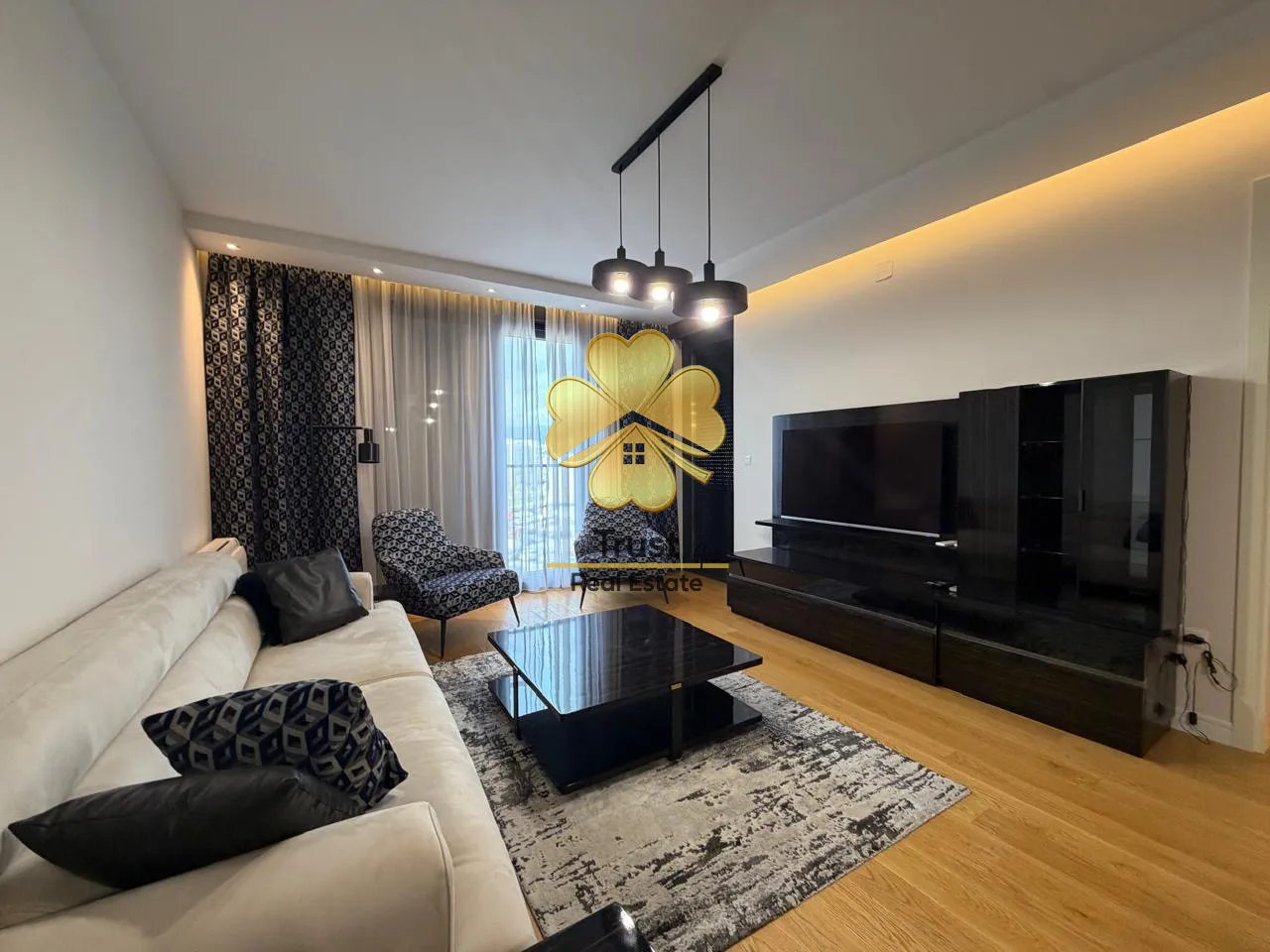Modern living room with a sofa, TV cabinet, and coffee table.