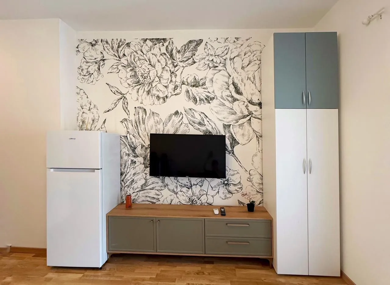 Living room with a TV, sideboard, refrigerator, and wardrobe against a wallpapered accent wall.