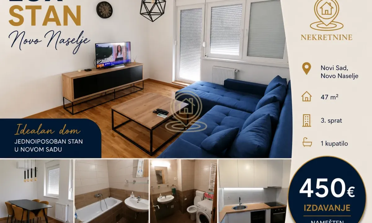 Rent, one bedroom apartment, 47m², Novo naselje, Novi Sad