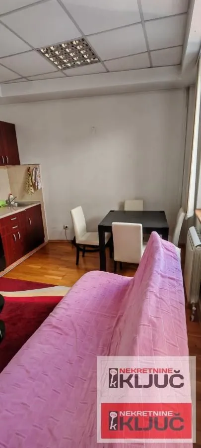 Dnevna soba sa garniturom, trpezarijskim stolom i manjom kuhinjom u uglu.