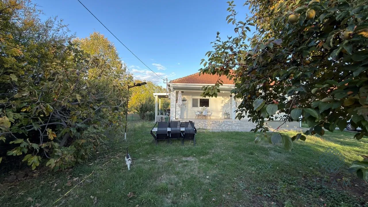 Pogled na dvorište i zadnju stranu kuće sa terasom.