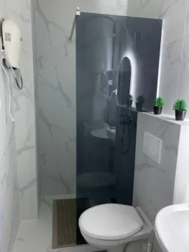 Smaller bathroom with a shower cabin, toilet, and washbasin. - image 6