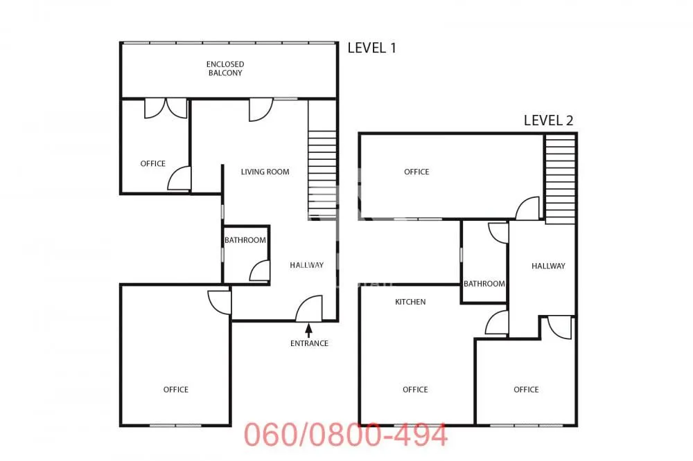 Floor plan showing level 1 and level 2 with labeled rooms.